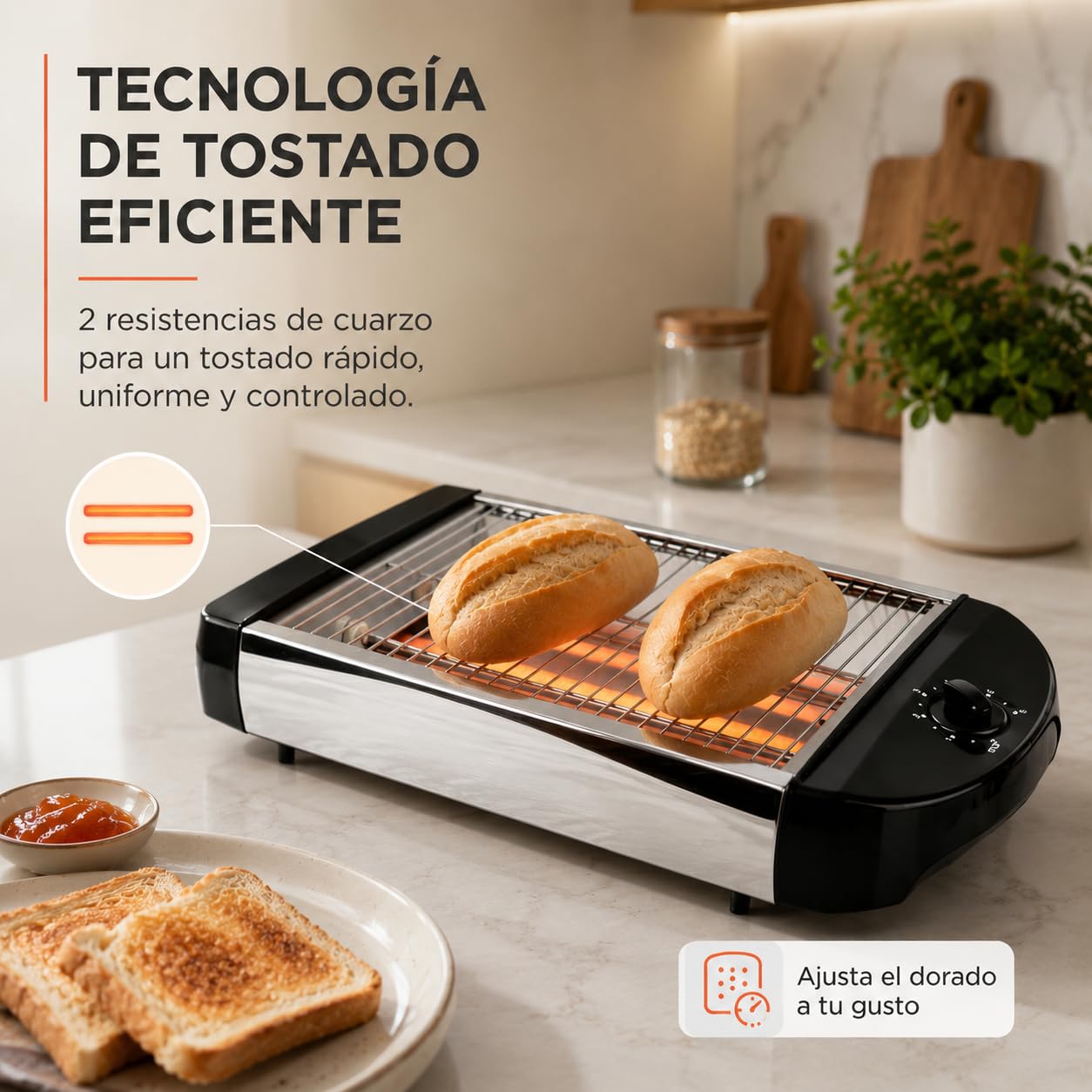 Tostadora de Pan Horizontal 600 W, 2 Resistencias de Cuarzo y 6 Niveles