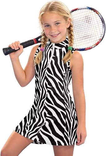 Girls Tennis Golf Dress Sleeveless Athletic Half Zipper Stand-Up Collar Outfits with Pockets Aged 4-15 Year