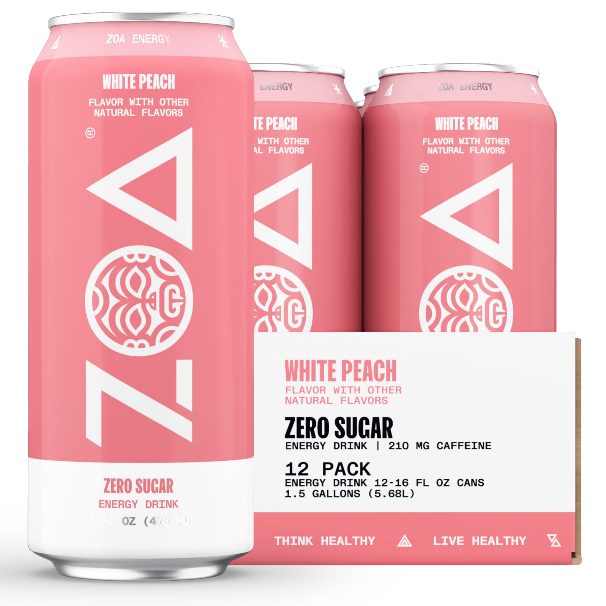 ZOA Zero Sugar Energy Drinks, White Peach