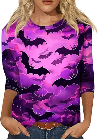 Cute Funny Halloween Shirts for Women Plus Size 3/4 Length Long Sleeve Womens Tops Witch Gothic Renaissance Shirt