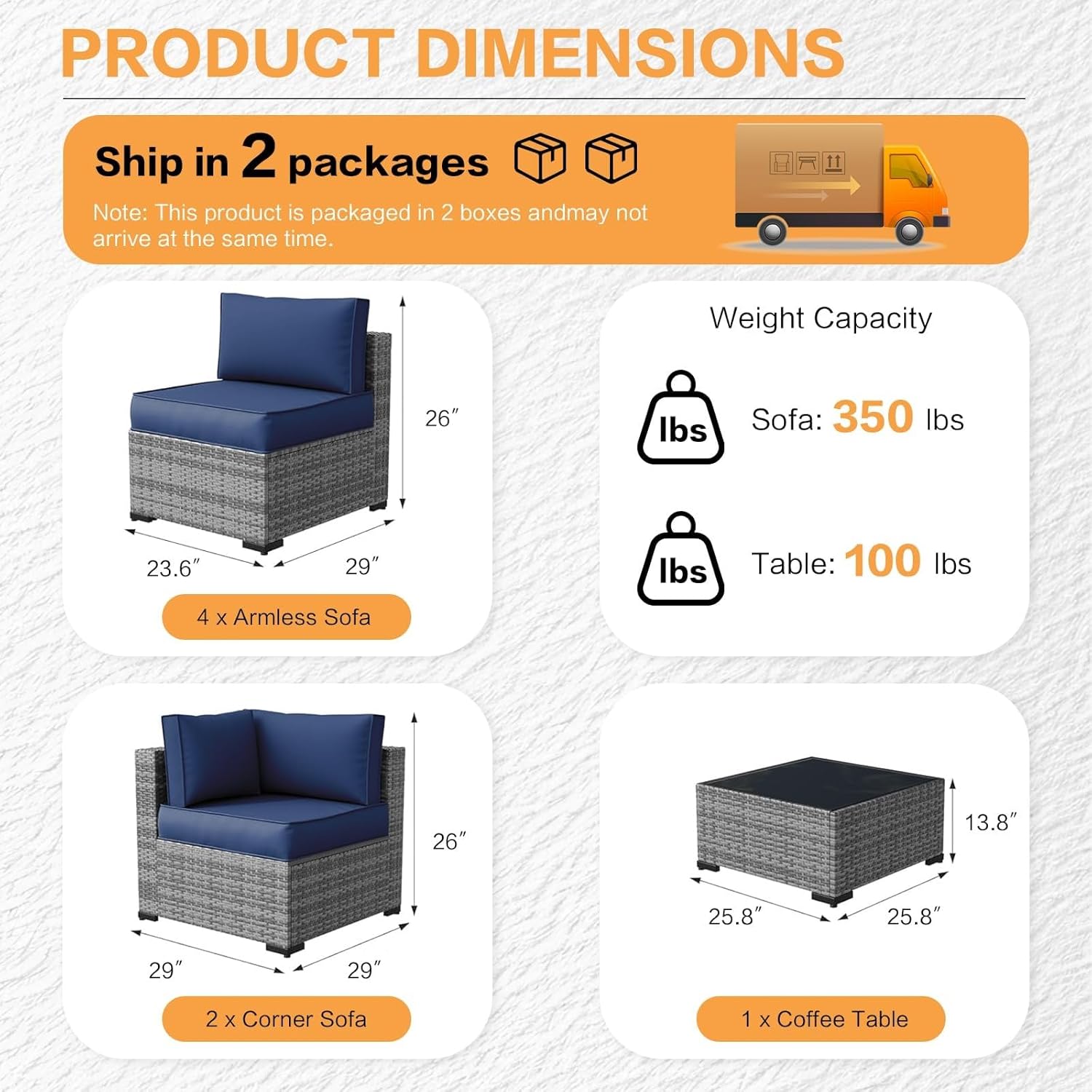 7 Pieces Outdoor Patio Furniture Sets All-Weather Sectional Sofa Grey PE Rattan Wicker Conversation Set with Glass Table for Backyard Porch Balcony Poolside Garden