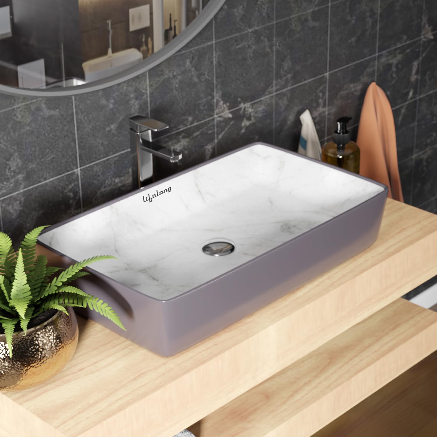 Lifelong Wash Basin for Bathroom - Tabletop Washbasin - Ceramic Glossy Rectangular Countertop Vessel Sink Ideal for Bathroom, Dining Hall & Vanity 61x36x13 cm (Grey and White, LLHISB07) (B0D7LW6TZN) Amazon Price History, Amazon Price Tracker