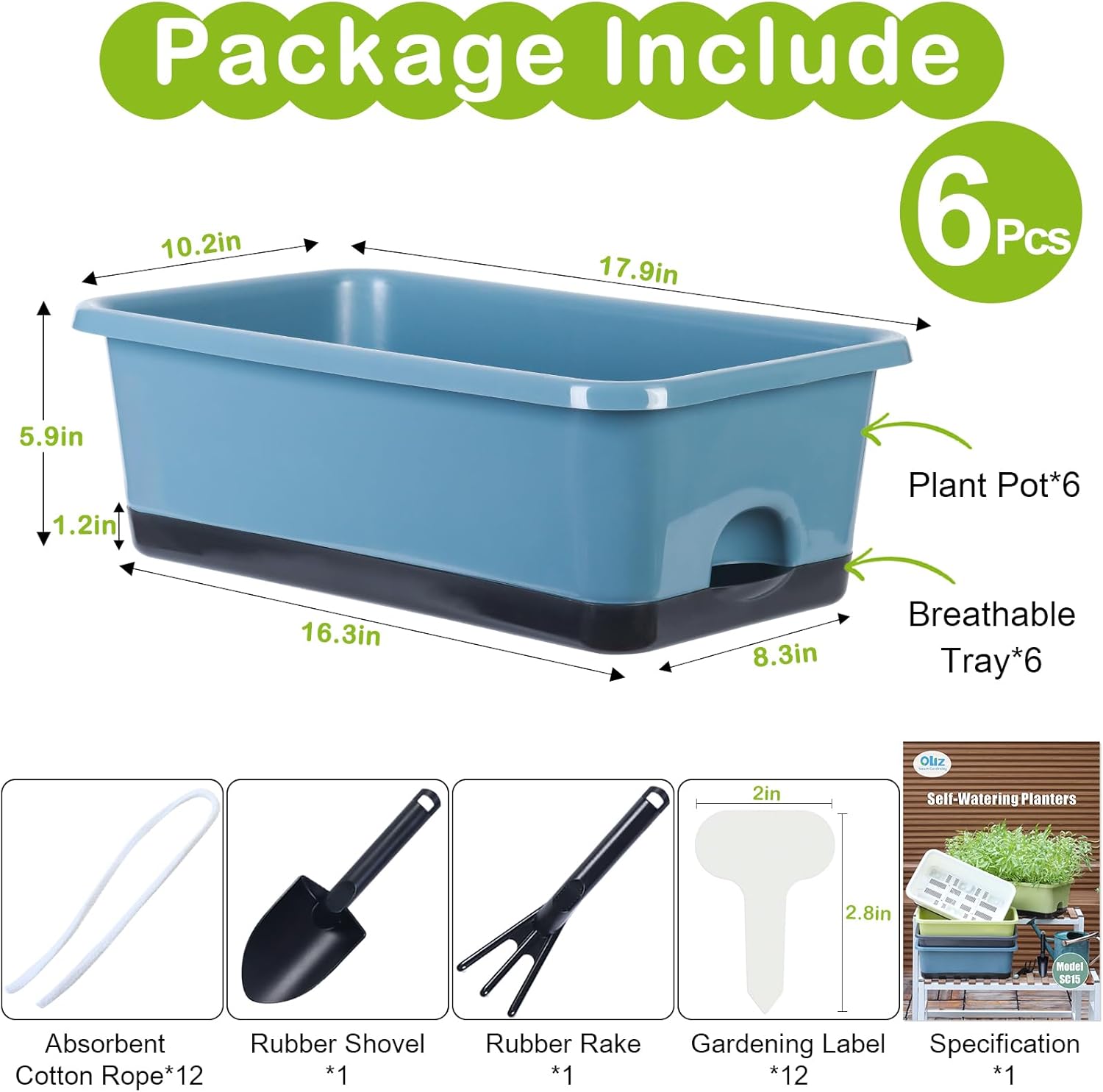 Oliz Window Box Planter 6 Pcs, 17 Inches Rectangle Flower Pots with Drainage Holes and Trays, Vegetable Planters for Windowsill Patio Garden Balcony Home Indoor Outdoor (Blue, 18 * 10 * 6 inch)