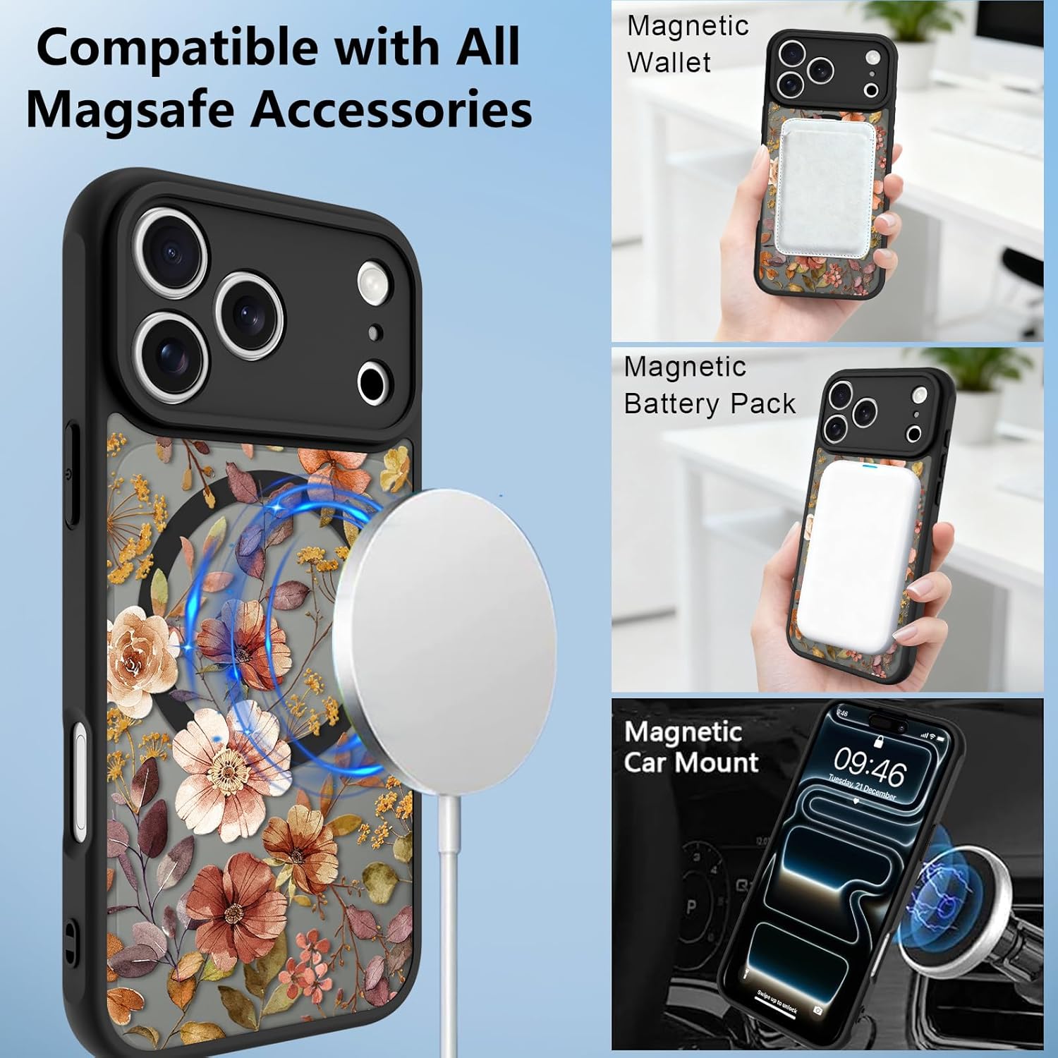 MOWIME Magnetic for iPhone 17 Pro Max Case, Compatible with Magsafe, Cute Floral Flower Print Design Phone Case for Women Girls Soft TPU Bumper Hard PC Back Translucent Slim Matte Cover, Black