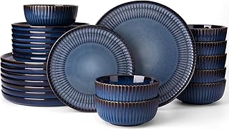 Famiware Starlight Plates and Bowls Dishes Set of 8 (24 Pieces), Ribbed Textured Stoneware Dinnerware Sets- Dishwasher & Microwave Safe, Chip & Scratch Resistant, Starry Blue