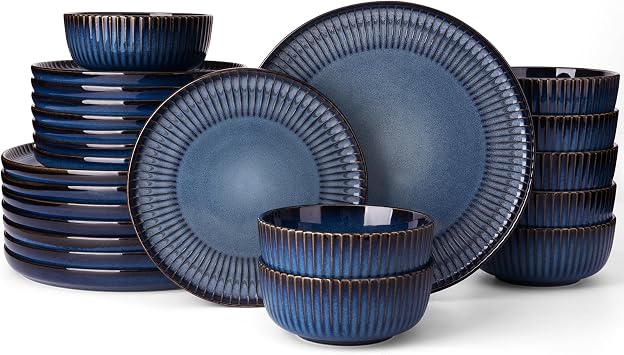 Famiware Starlight 24-Piece Plates and Bowls Sets for 8, Stoneware Dinnerware with Ribbed Textured, Handcrafted Reactive Glaze Dishes - Dishwasher & Microwave Safe, Chip/Scratch Resistant, Starry Blue