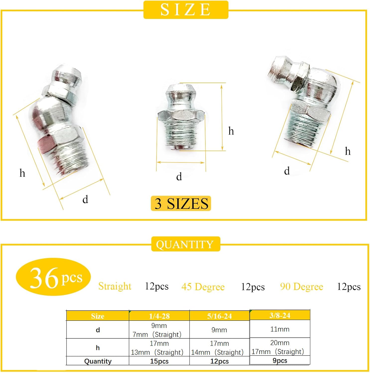 1/4"-3/8" 36Pcs 3 Sizes Grease Fitting Assortment Straight 45 90 Degree Grease Zerk Fittings, Galvanized Steel Grease Fittings and Grease Gun Tips for Industrial/Agricultural Machinery Yoliko