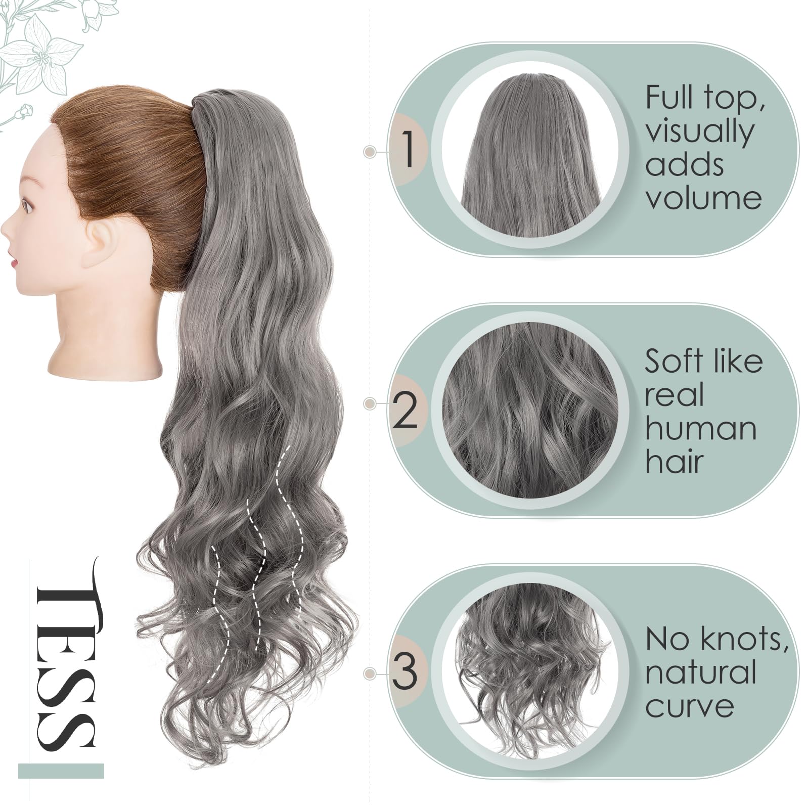TESS Wavy Ponytail Extension, Drawstring Clip in Ponytail Hair Extensions, Long Hair Extensions, 24 Inches 160g, Grey - Image 3