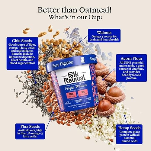 Miniatura 6 de Folk Revival Maple Walnut Keto Instant 'Oatmeal' - 0.71 oz de proteína, 0.71 oz de carbohidratos netos, alto en fibra, sin OMG, sin gluten, hecho