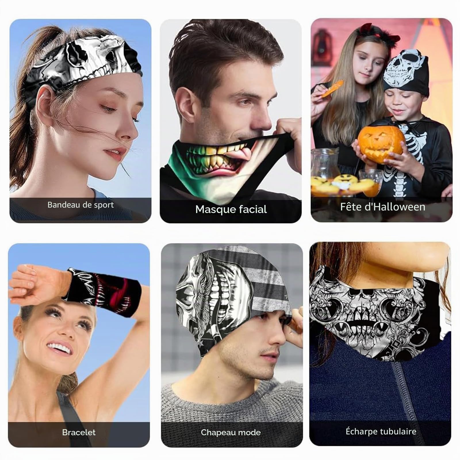 Lot de 12 cache-cou multi-usages en forme de tête de mort - Masque de moto - Protection UV - Unisexe - Convient pour Halloween, carnaval, fêtes et activités de plein air