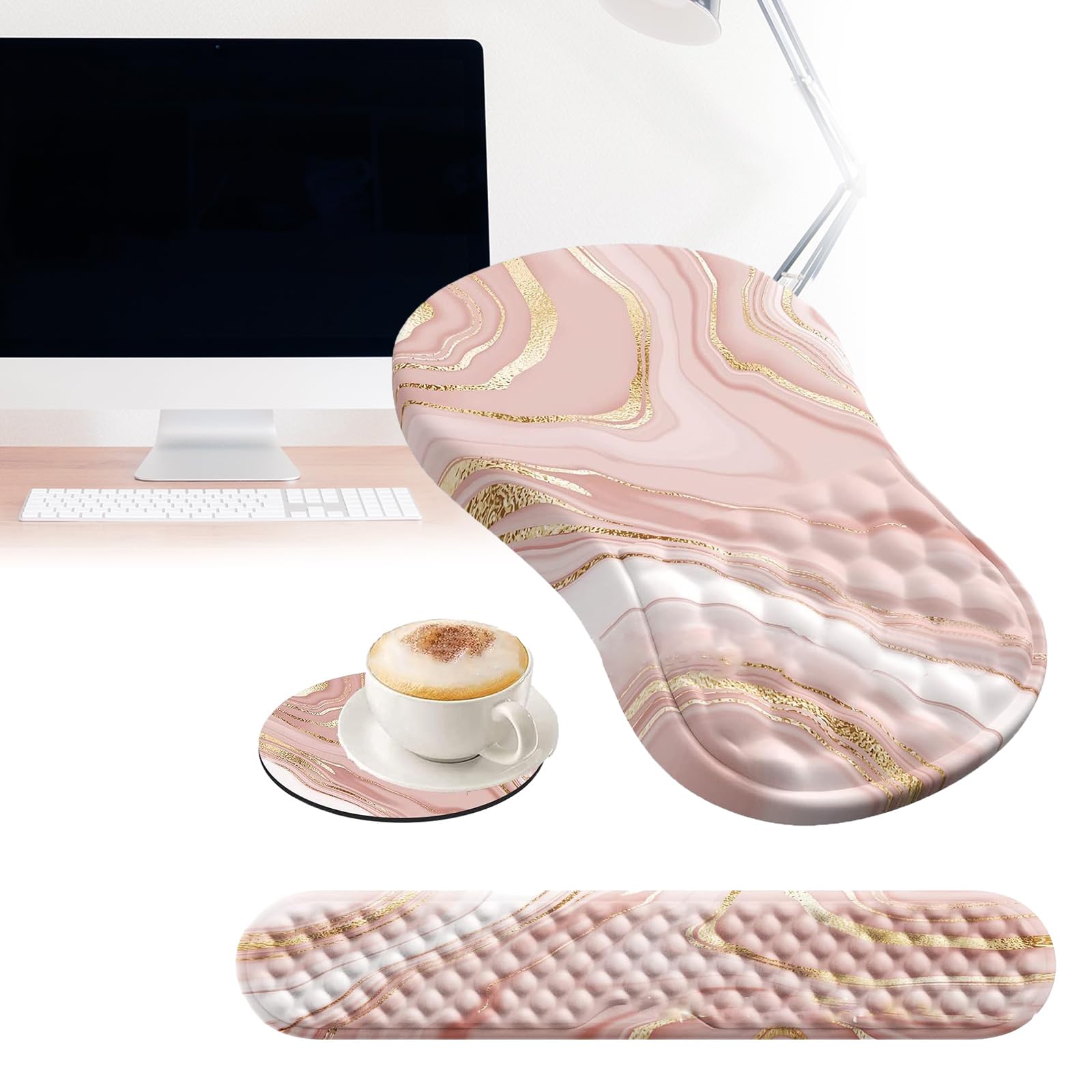 Set Tappetino Mouse E Tastiera Ergonomico Con Poggiapolsi In Memory Foam, Base Antiscivolo, Bianco E Blu