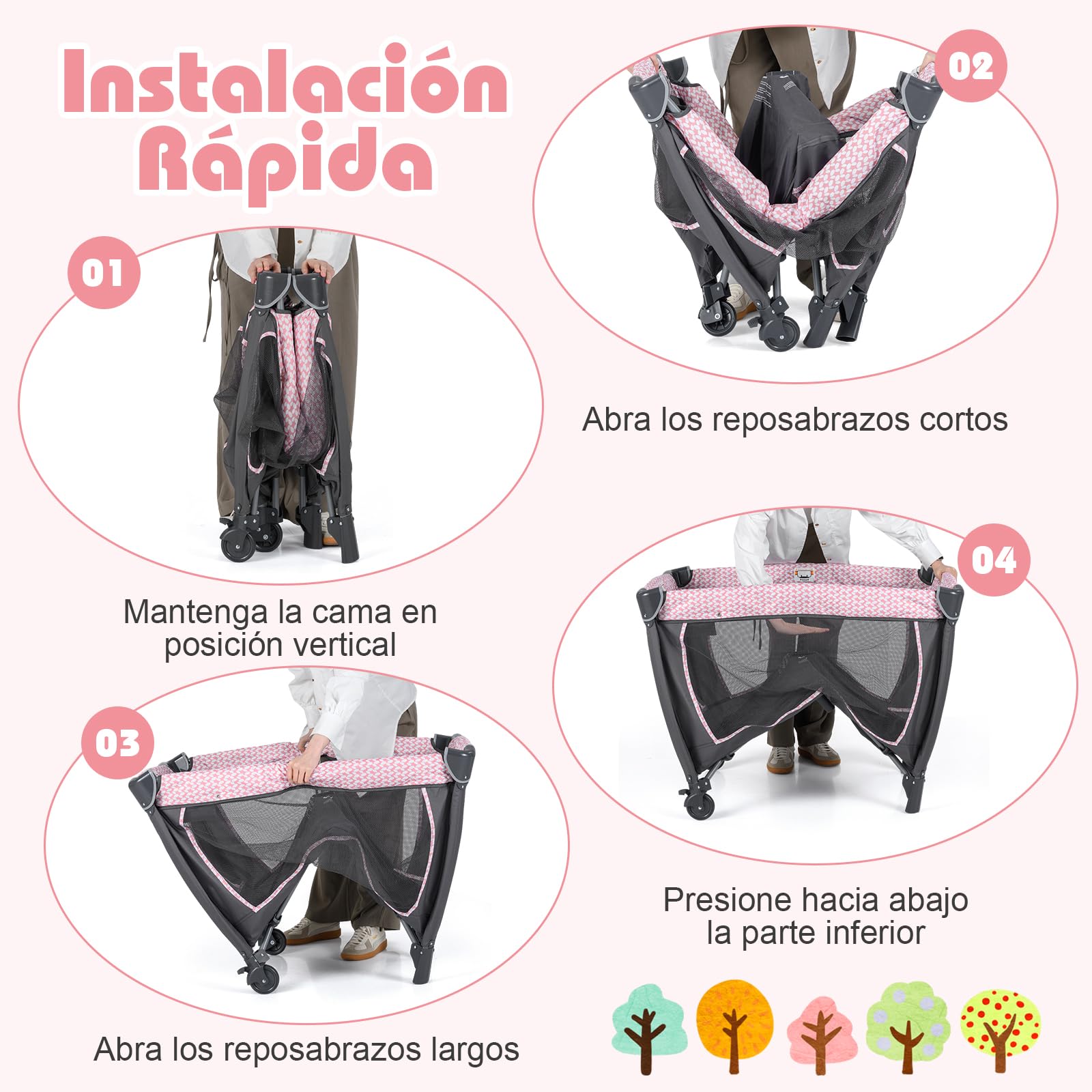 COSTWAY Cuna de Viaje Bebe con Colchón, 5 en 1 Centro de Actividades para Bebés con Cambiador, Cuna para Bebé, 2 Juguetes Colgantes y Caja de Música, Ruedas Móviles y Cesta de Almacenamiento (Rosa)