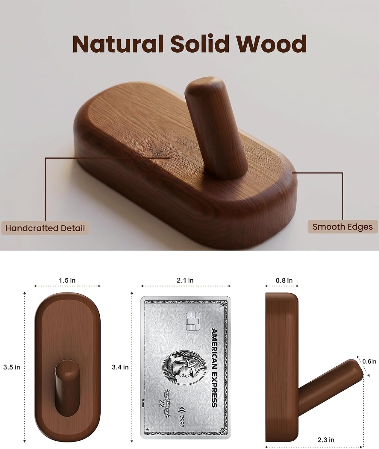 Natural Wooden Wall Hooks, 4 Pack Coat Hooks for Hanging Towel , Hat , Key | Wall Mount Boho Decorative Wood Coat Hook, Key Holder, Hat Rack, Towel Hooks for Bathrooms and Entryway Hooks (Dark Walnut)