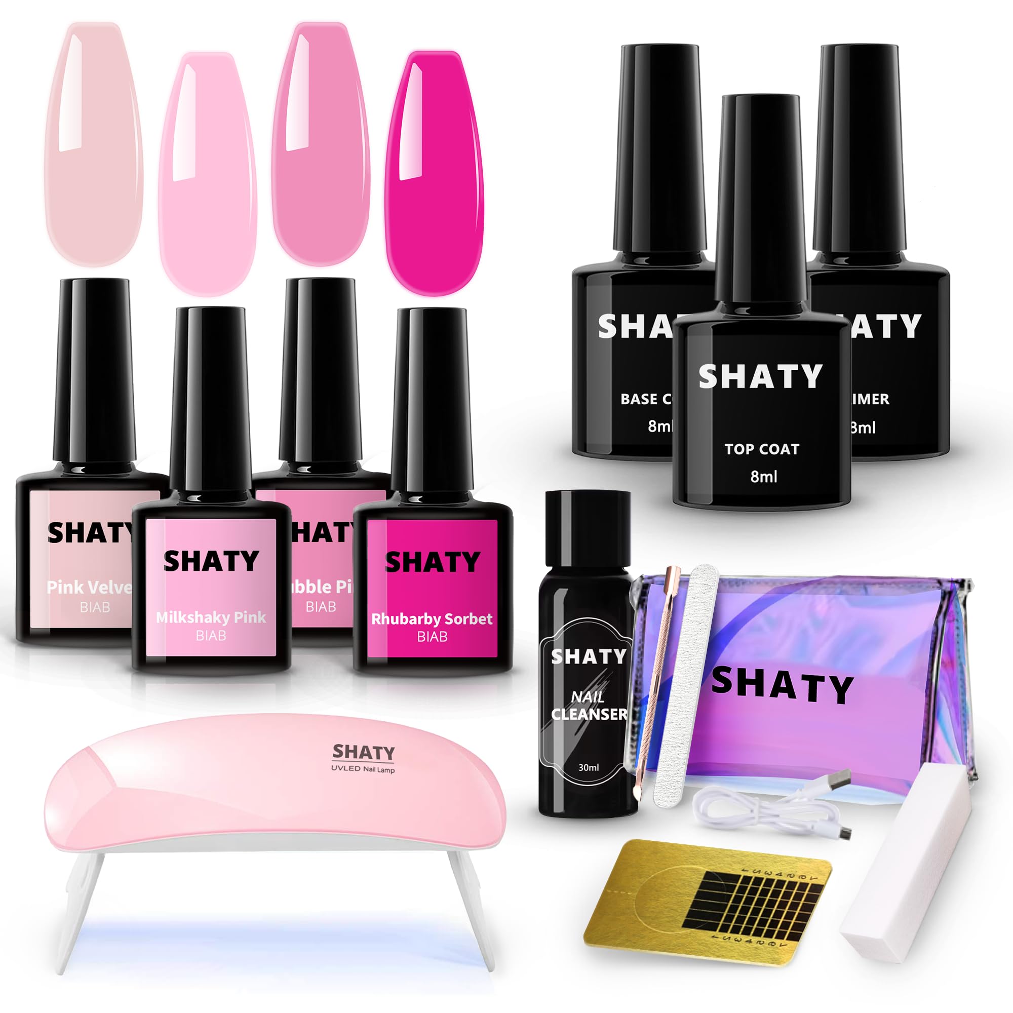 SHATY® BIAB zestaw startowy – Pink Shawty – Builder In A Bottle – BIAB lakier do paznokci – zestaw BIAB – zmywacz do paznokci, lampa 36 W i wideo z instruktiami