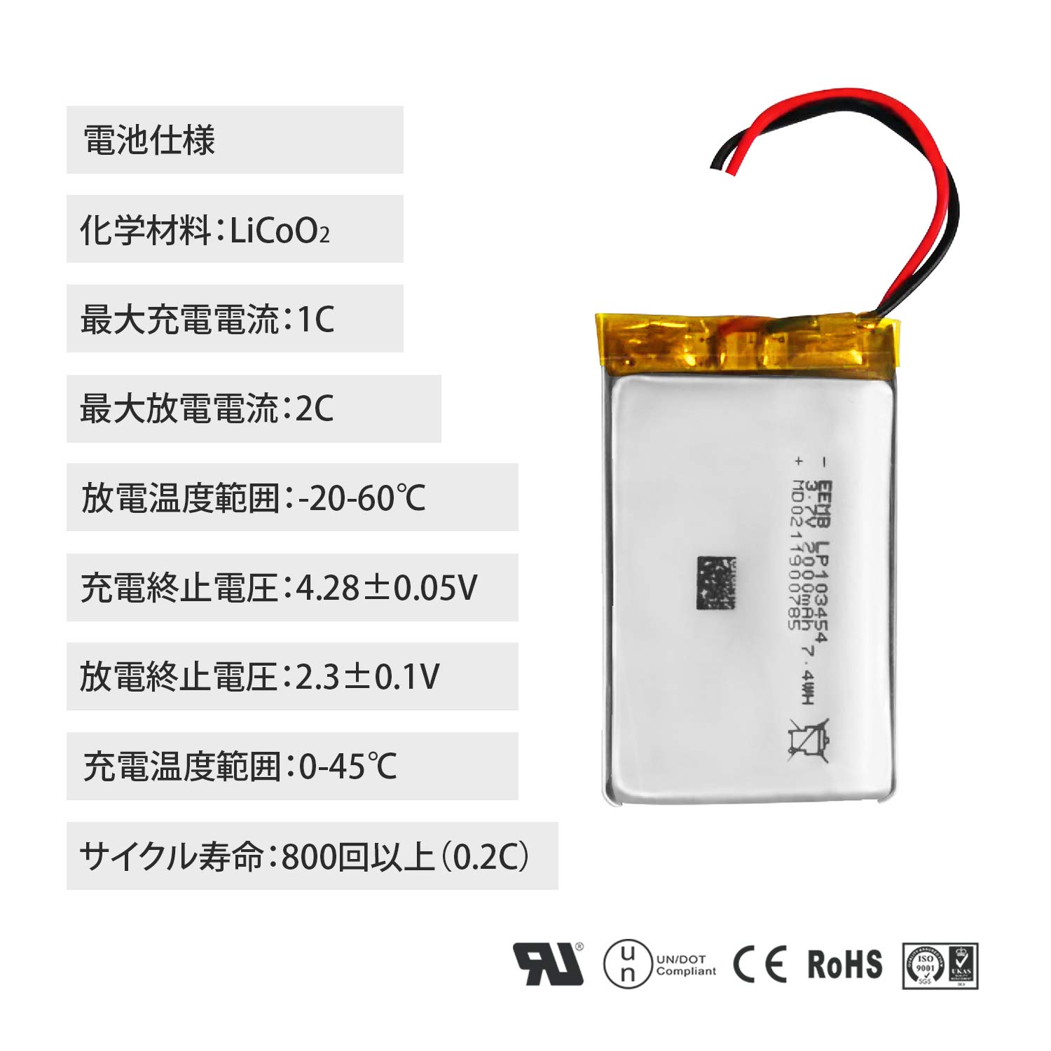 Amazon | EEMB 3.7v リチウムイオン 103454 電池2000mAh リポ