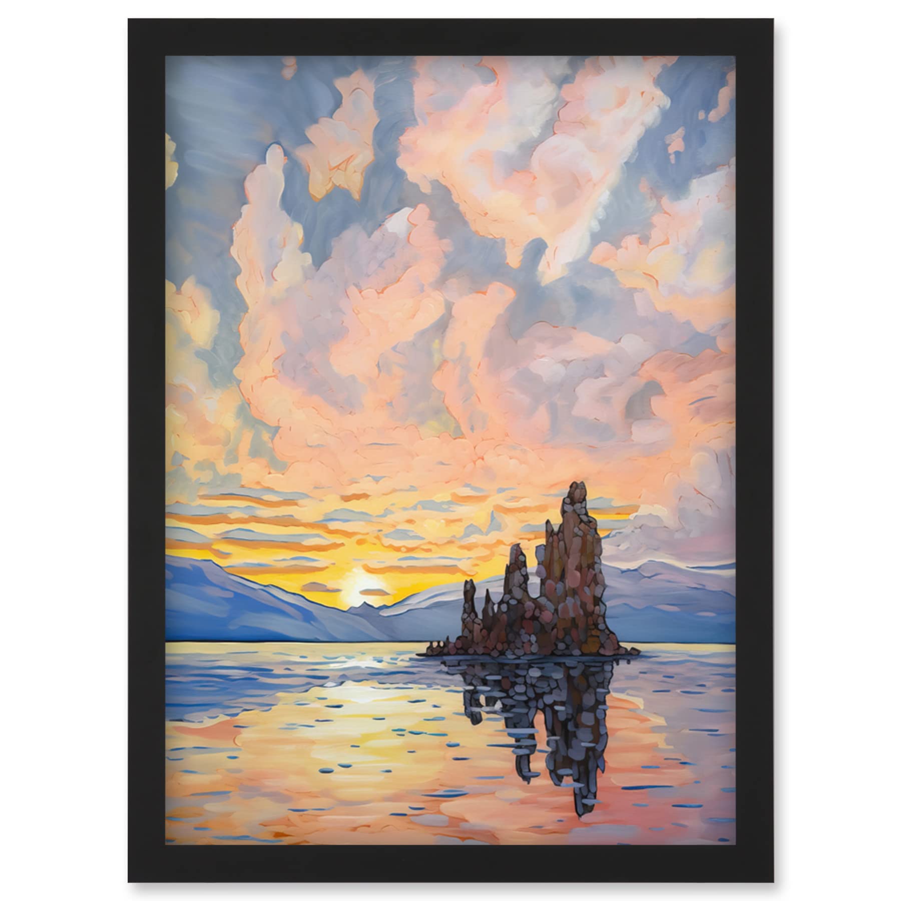 Artery8 Sunrise Atmospheric Clouds Over Mono Lake Mountain Lakeside Landscape Modern Watercolour Painting Artwork Framed Wall Art Print A4