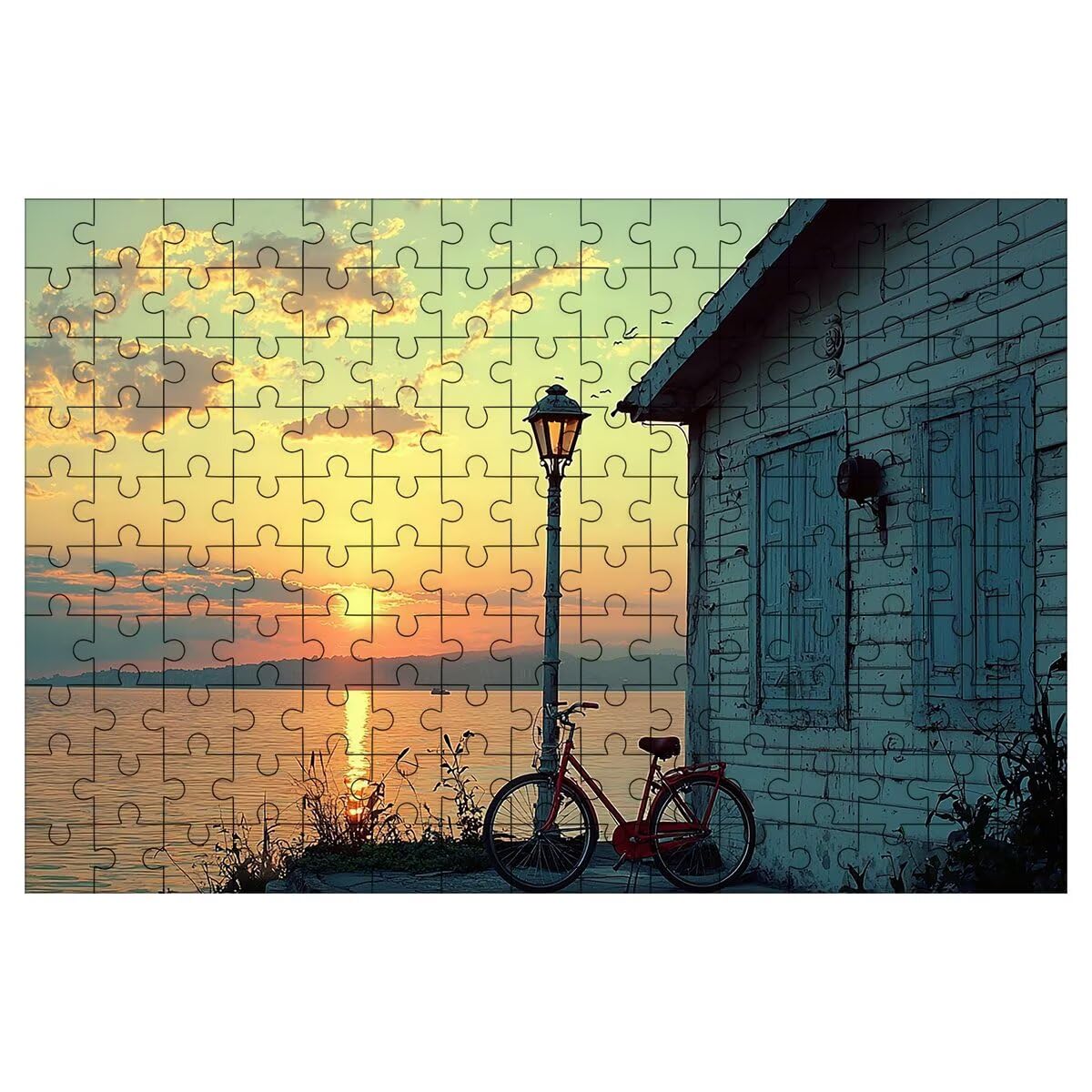 Puzzle 1500 elementów zachód słońca, drewniane puzzle rowerowe, 87x57cm