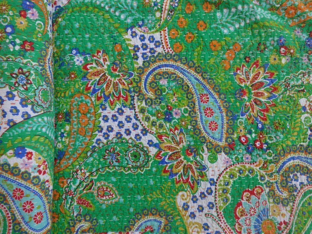 Creations Creations Traditional Ethnic Kantha Indian Bedding Emerald Cotton Tropical Fruit Hand Stitched Bedding Bed Cover by Textile art Creations Creations(90x108 Inch)-image-34