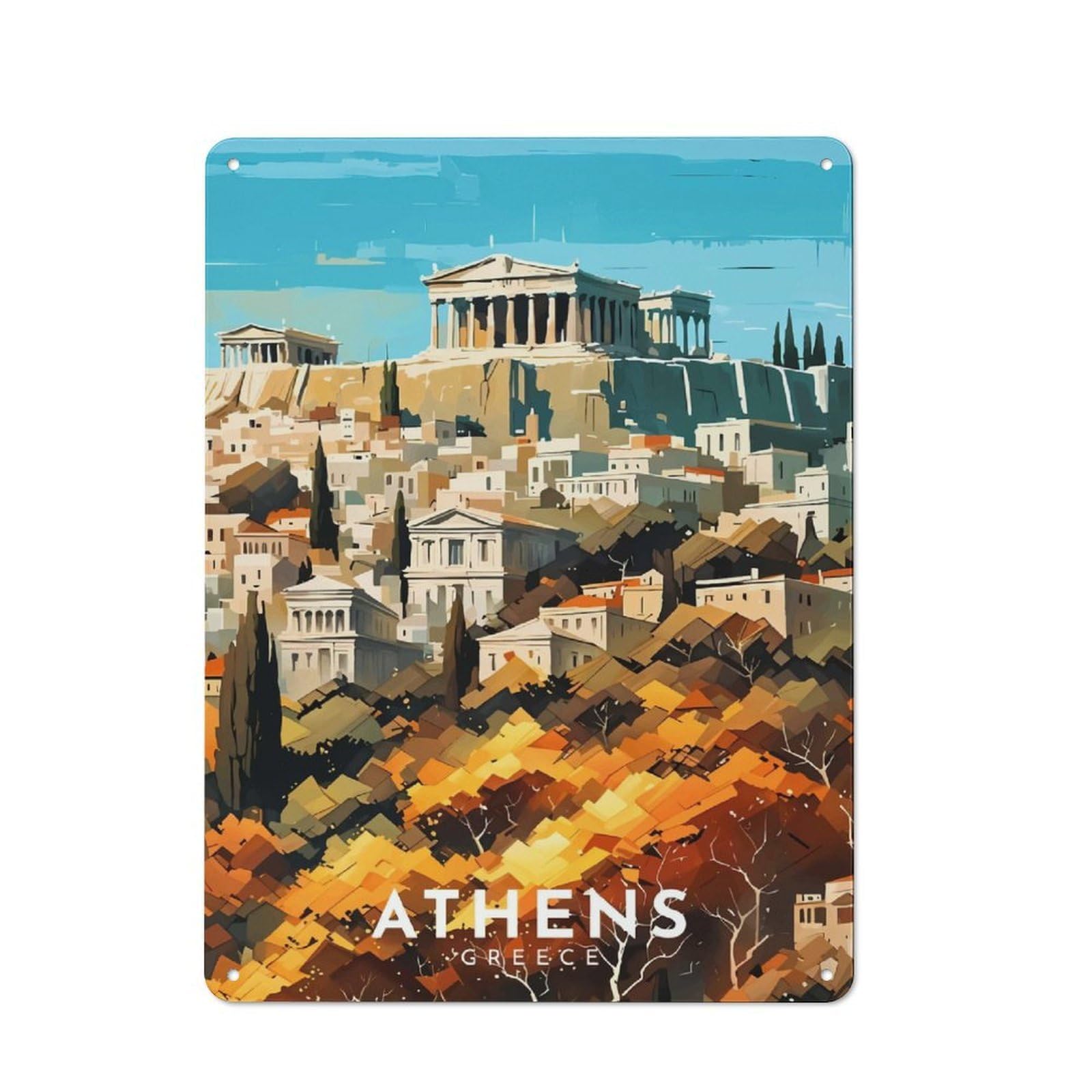 Junmoney Style-17 Athens, Greece Cityscape Decorative Metal Wall Decor 40X30cm, Metal Gift Sign For Hallway, Home Bar, Garage Or Study
