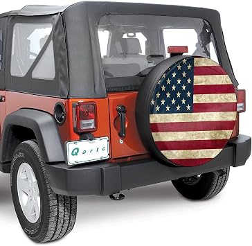 Retro American Flag Spare Tire Cover Fit for Jeep RV Truck SUV Travel Camper Trailer 14,15,16,17,Waterproof and Dustproof Protection Tires(14 for Diameter 23-27/58.42-68.58cm)