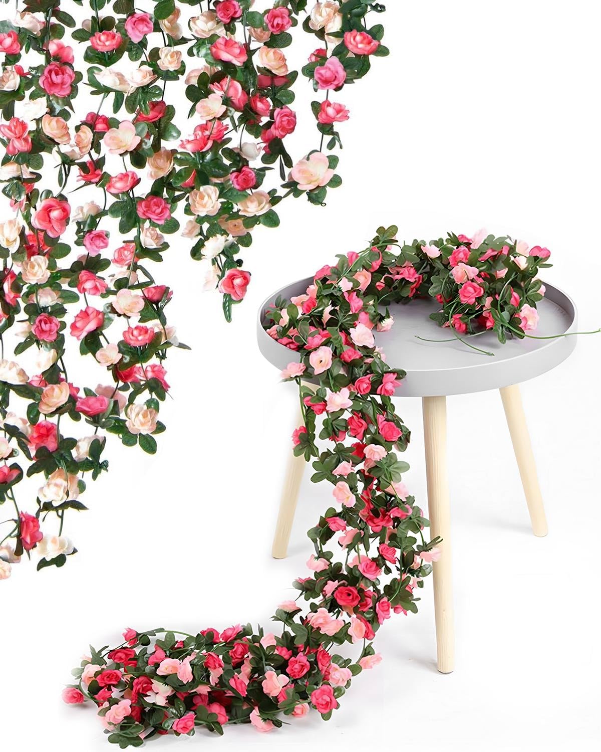 Evolpor 8 Pack Artificial Flower Garland Decoration, Fake Hanging Flowers with Pink Roses, Artificial Flowers Garland for Decoration, Wedding Arch, Bedroom Wall, Party Backdrop (2.4m)