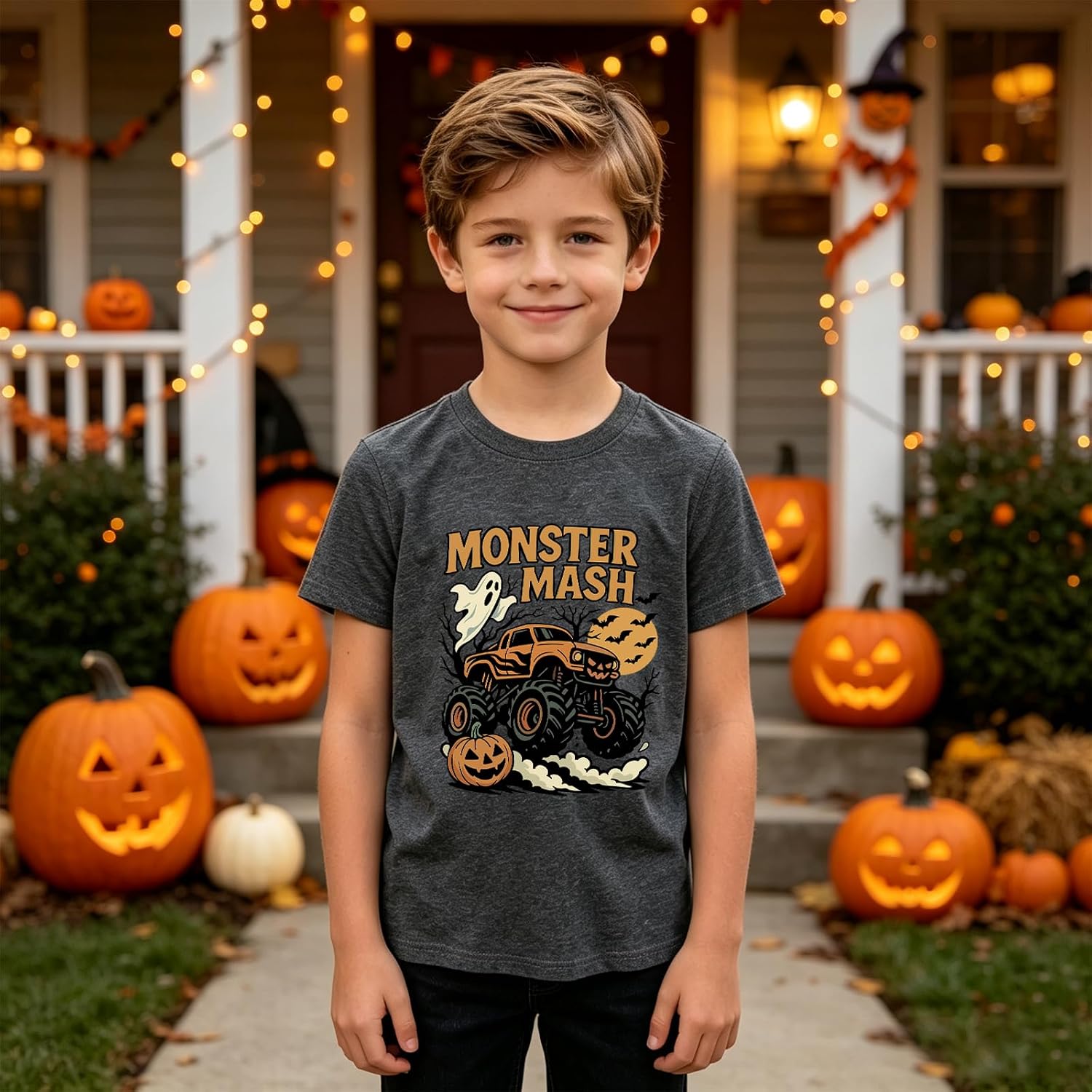 Toddler Kids Halloween Shirts Boys Girls Cool Pumpkin Ghost Bow Monster Truck Short Sleeve Tees Cotton Tops 2-7T