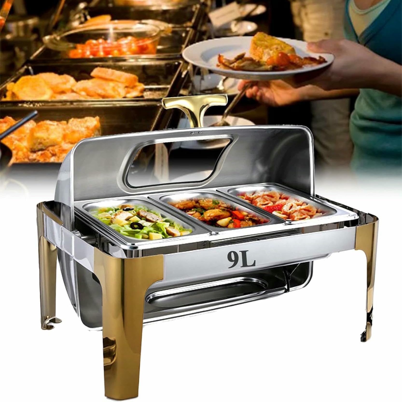 Catering-Isoliertablett, Speisenwärmer-Buffet-Server Mit Glasdeckel, Elektrischer Chafing Dish-Buffet-Wärmer Mit Rolltop, Buffet-Server Catering Chafing Dish Warmer FOO（1/3 Pan-9L）
