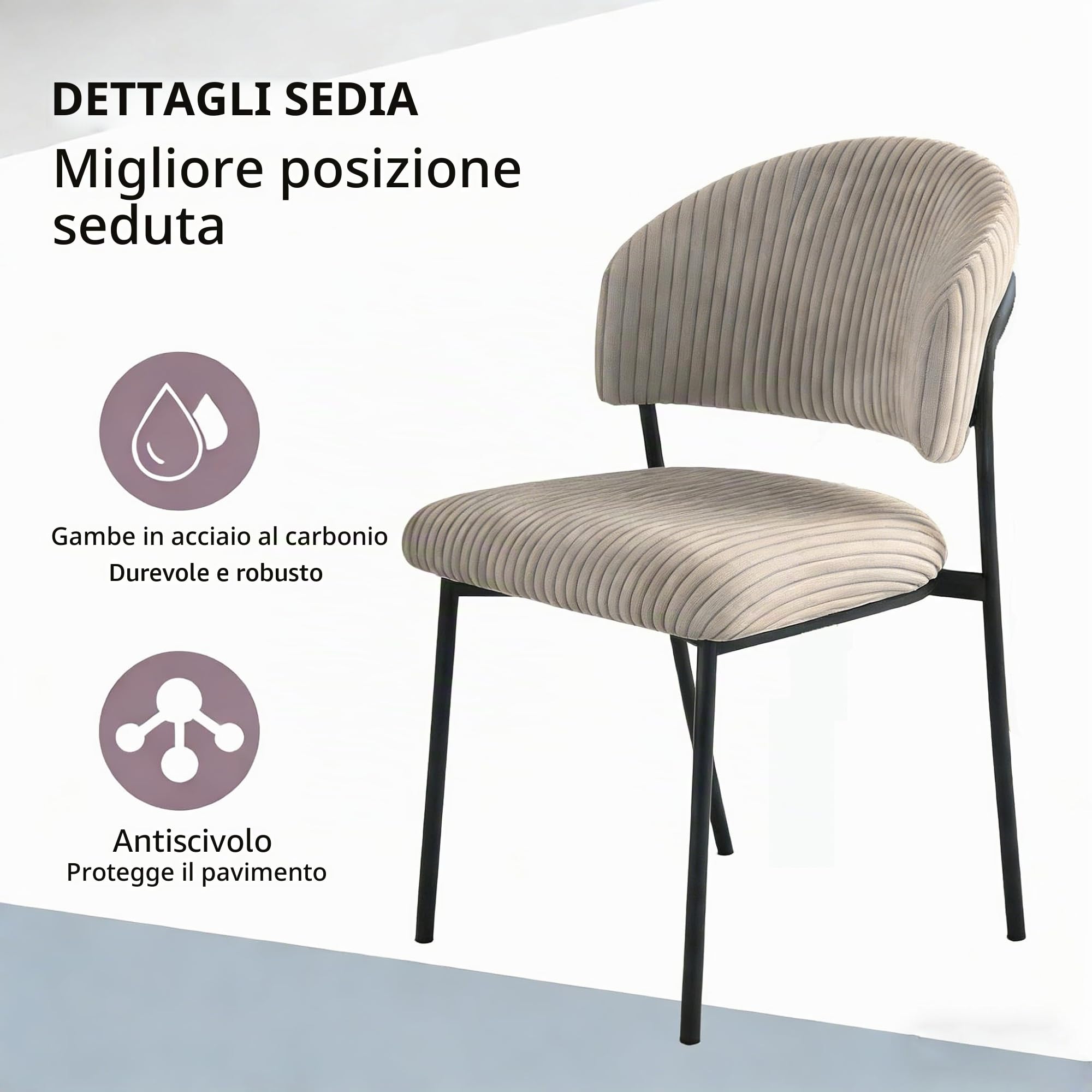 JIEXI Set di sedie da pranzo in velluto a coste imbottite, con schienale curvo, gambe in metallo in acciaio al carbonio, piedini antiscivolo, portata 150 kg