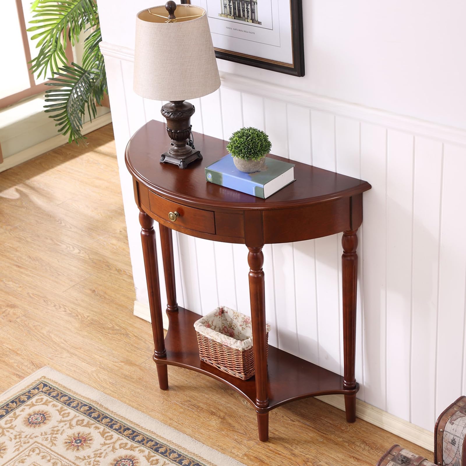 Mesa Consola de Media Luna de Madera Maciza con Cajones y Estantes, Mesa Auxiliar de Entrada de Dos Niveles En Forma de Semicírculo, Elegante Mesa de Sofá Vintage (veta De Madera De Cerezo)(800x350x80