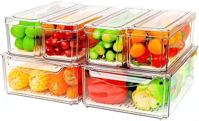 6 Pack Fridge Organizer, Stackable Refrigerator Organizer Bins with Lids, BPA-Free Fridge Organizers and Storage Containers for Fruit, Vegetable, Food, Drinks, Cereals, Clear