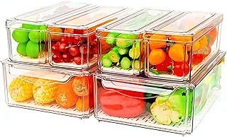 6 Pack Fridge Organizer, Stackable Refrigerator Organizer Bins with Lids, BPA-Free Fridge Organizers and Storage Containers for Fruit, Vegetable, Food, Drinks, Cereals, Clear