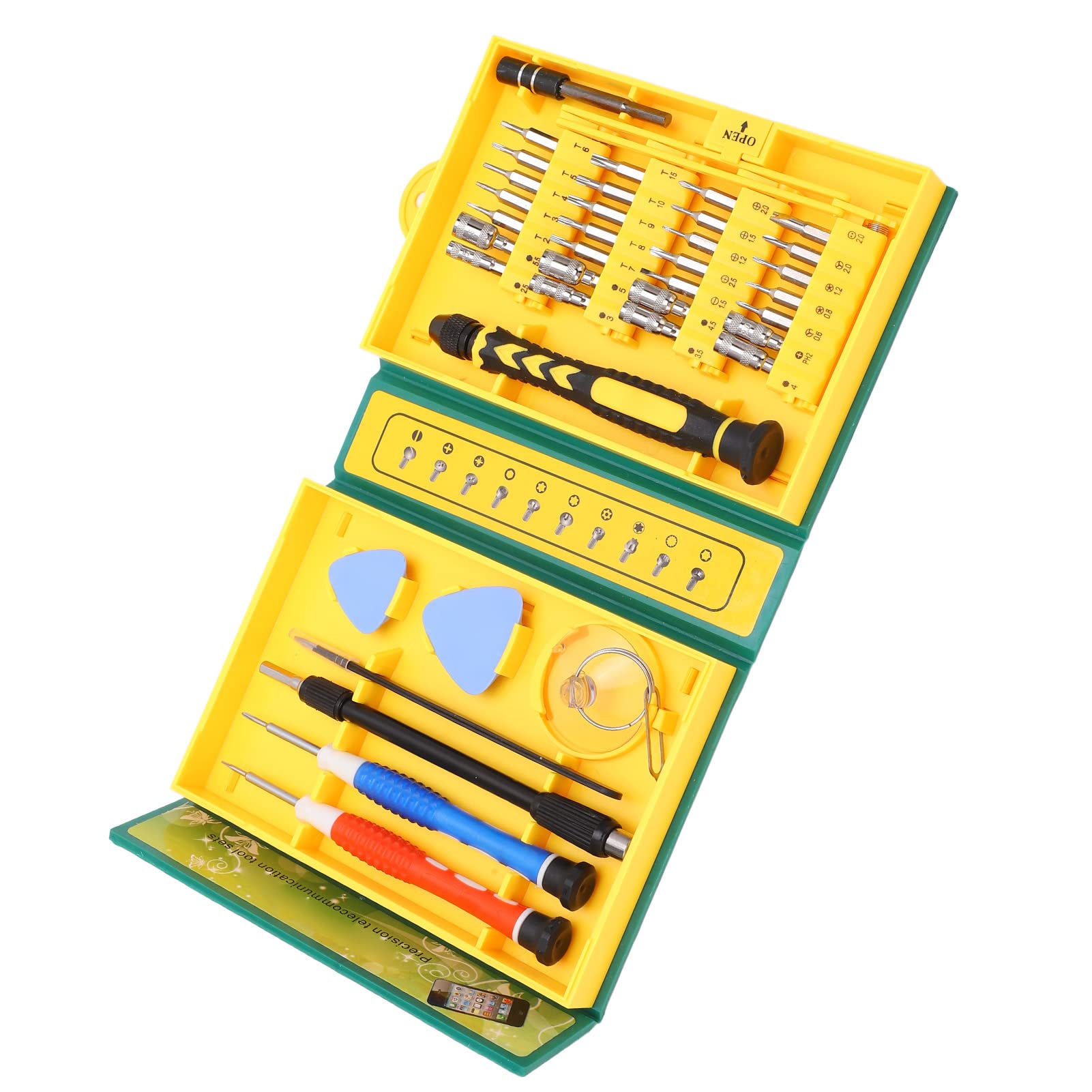 Juego de brocas con mango de destornillador de 38 piezas, varilla de conexión, ventosa, pinza, caja, herramienta de palanca, juego de destornilladores