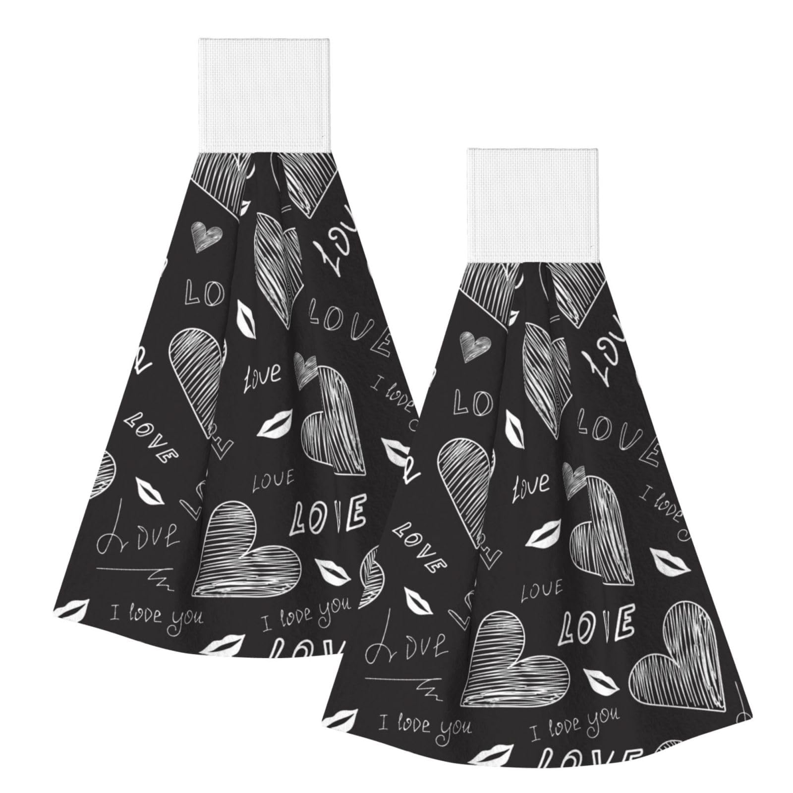 DOPKLNA Handwritten Hearts Words Love, 2 Pcs Hanging Coral Fiber Hand Towels for Bathroom, Absorbent Kitchen Towels