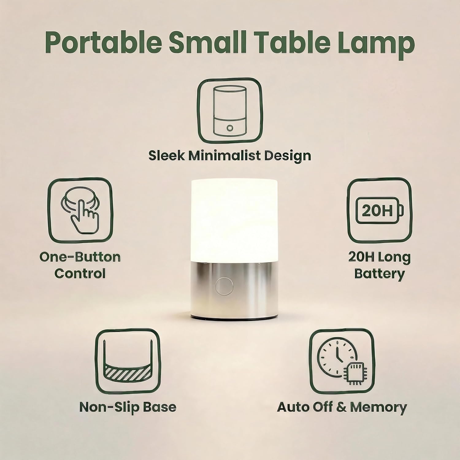 Small Table Lamp - Rechargeable, Portable, Up to 20-Hour Battery Life, 10 Brightness Levels, Auto-Off Timer, Waterproof, Warm Light for Bedside, Travel, Camping & Décor-Nickel