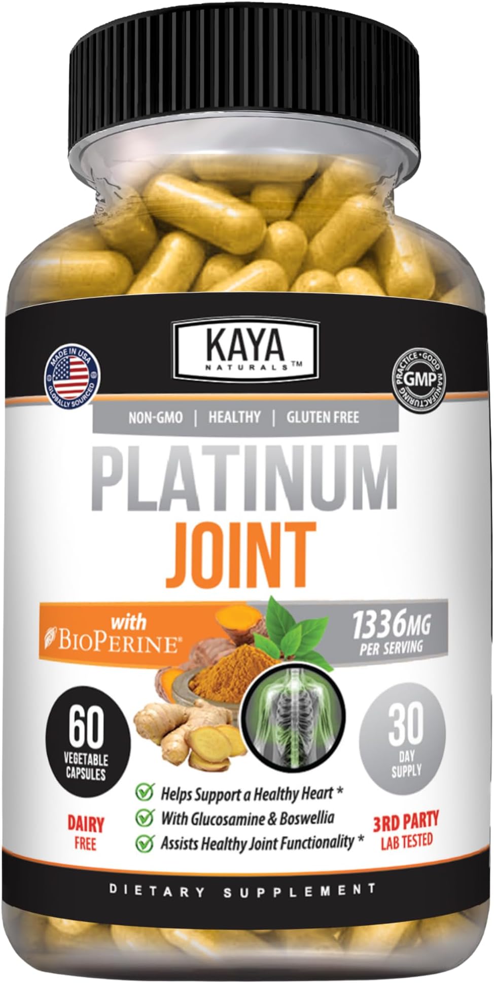 Kaya Naturals Platinum Mobility Support, Glucosamine, Turmeric, 60 Capsules | Glucosamine Sulfate, Turmeric & Curcuminoids, Ginger, Chondroitin, Boswellia, MSM, BioPerine