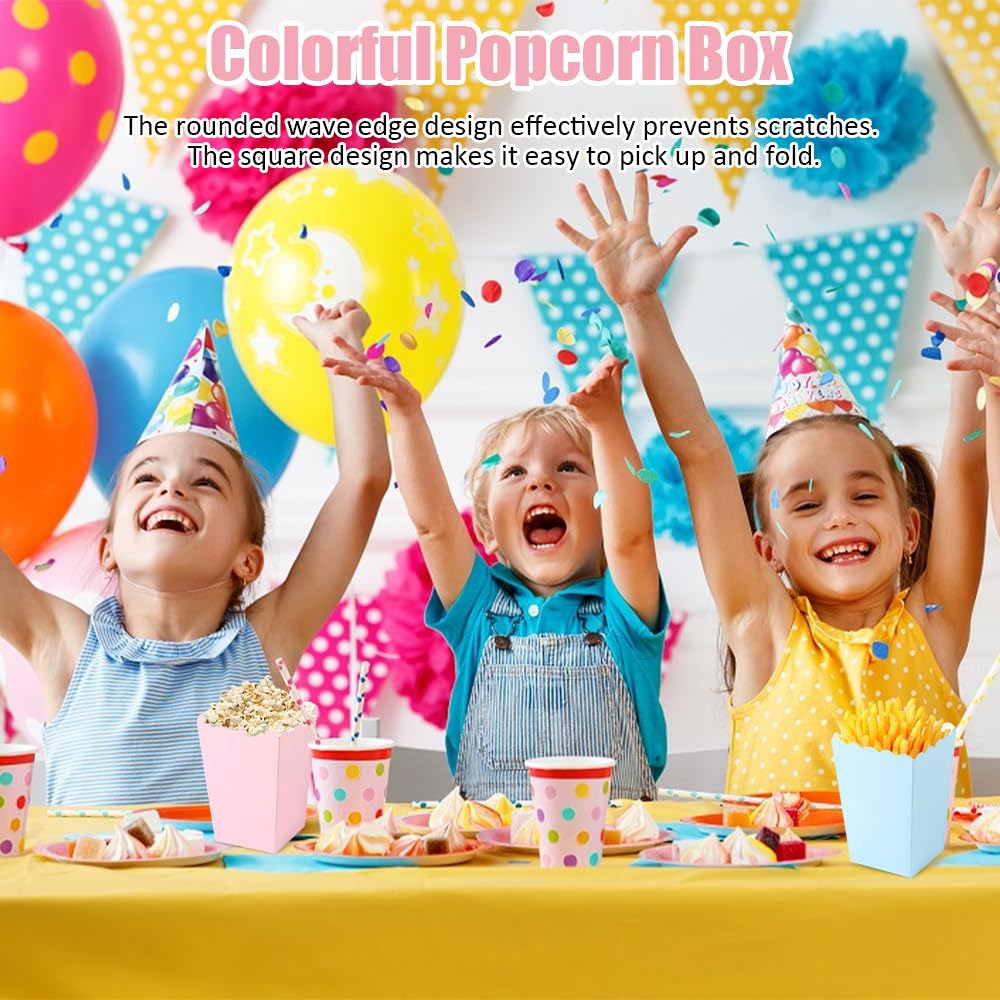 48 Piezas Cajas Palomitas de Cartón Reforzado Resistentes 5.5 x 7.5 x 11cm Bolsas de Palomitas de Maíz Apertura Ondulada para Cine en Casa, Cumpleaños, Baby Shower y Fiestas Temáticas (Azul, Rosa)