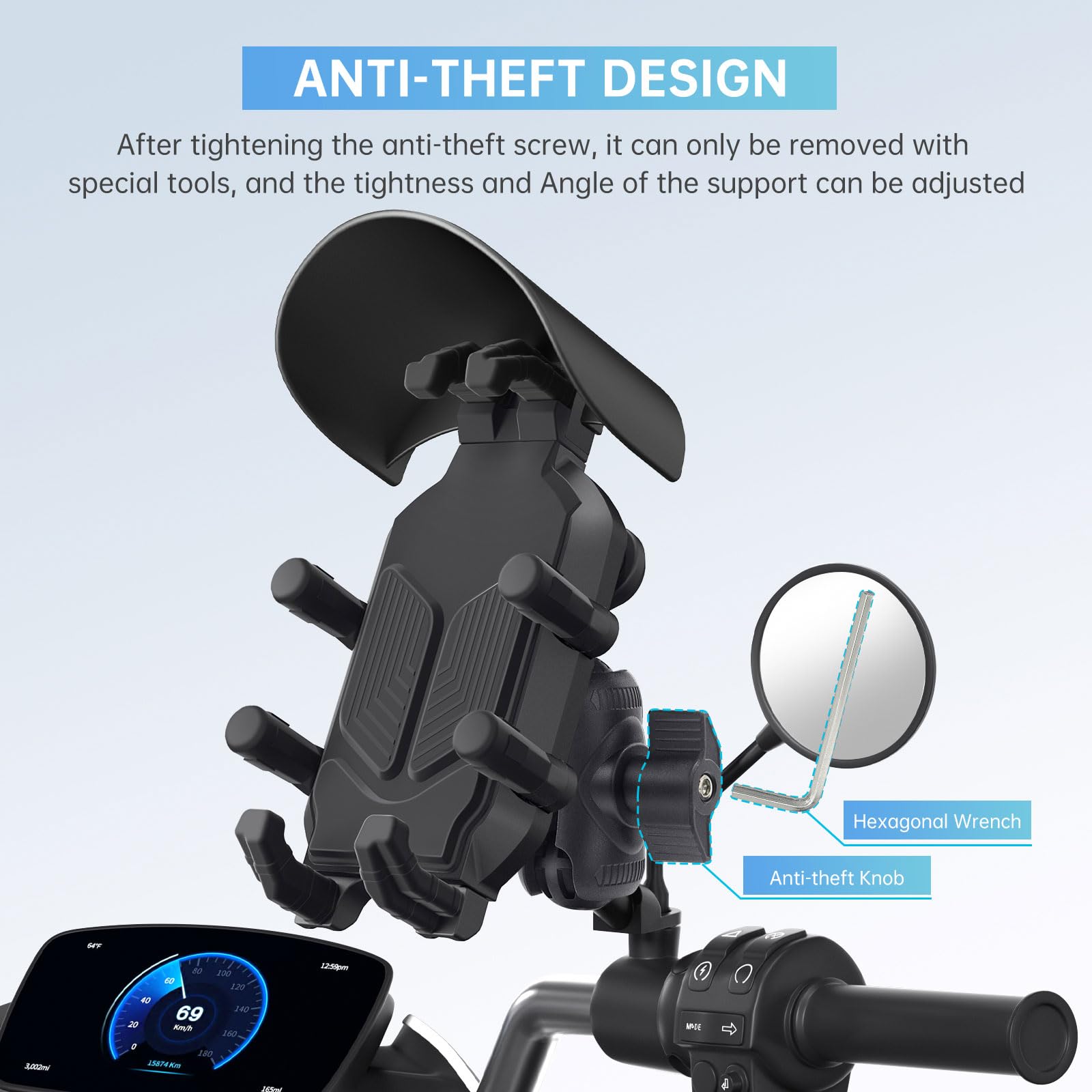 Support de téléphone pour moto et vélo avec amortisseurs de vibrations pour smartphones de 4,7 à 7,2 pouces réglable