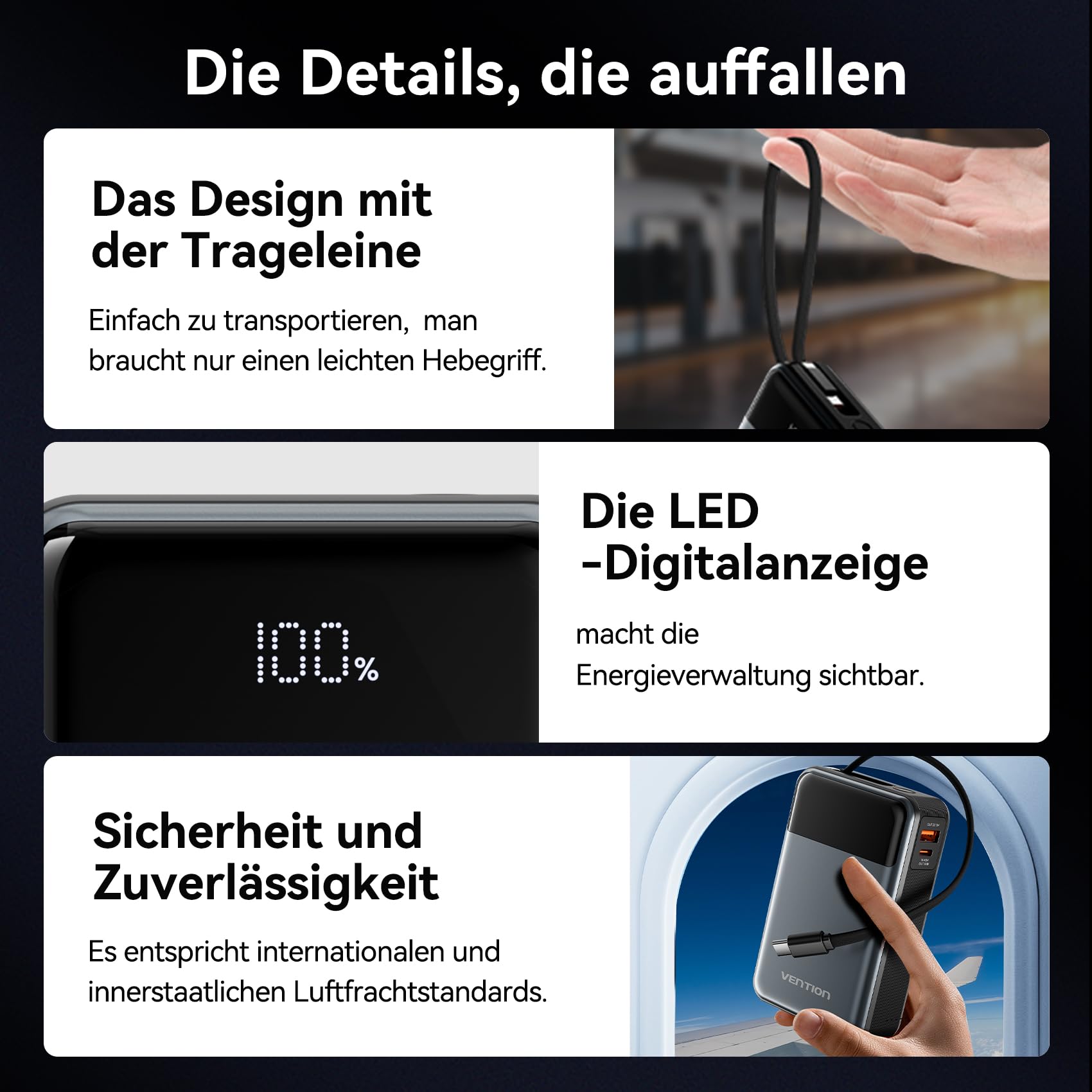 VENTION 65W 20000mAh Laptop Power Bank Schnellladung, Tragbarer Akku mit LED-Digitalanzeige, USB-C Power Bank für Laptops, iPad, MacBook, iPhone 16, 15, 14, Samsung S24, S23 usw