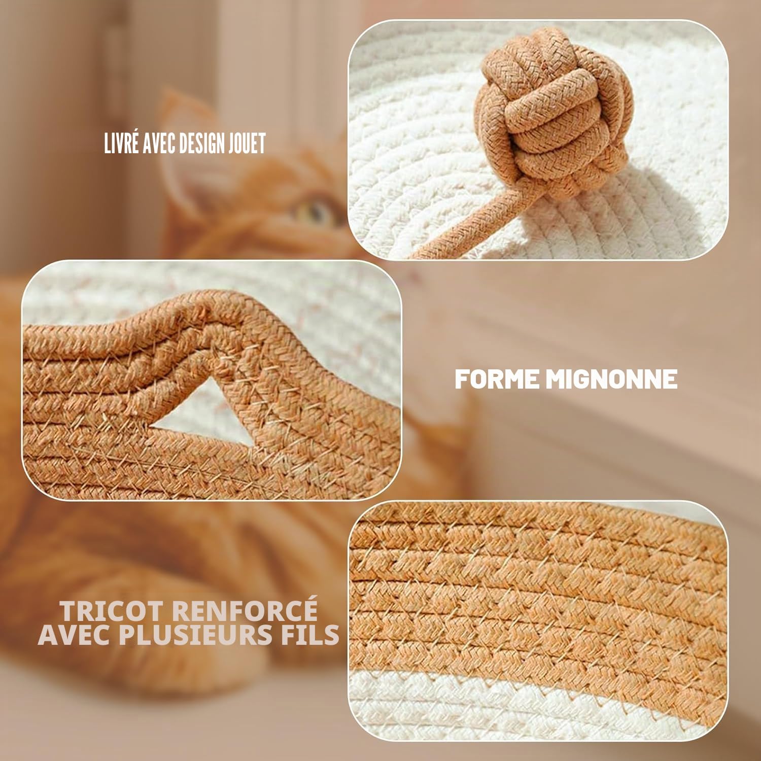 MEISO Lit pour chat intérieur en coton tissé à la main, panier avec queue de jouet, pliable et respirant (M)
