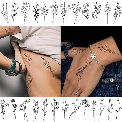 Miniatura 8 de FANRUI - 15 hojas de tatuajes temporales de flor negra para mujeres y niñas ramo floral pequeño tatuaje temporal planta silvestre lavanda guisante