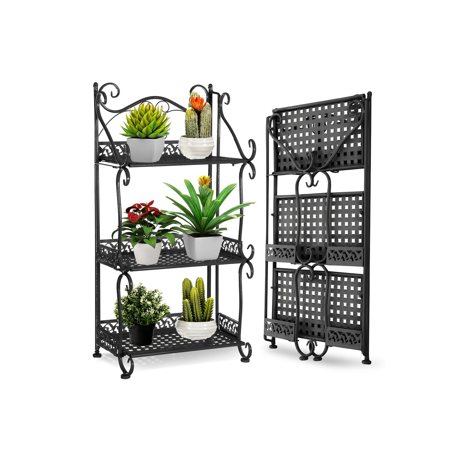 BTGGG Outdoor 3 Tier Foldable Metal Plant Stand - Black Plant Pot Stand Shelf for Garden, Balcony, Patio