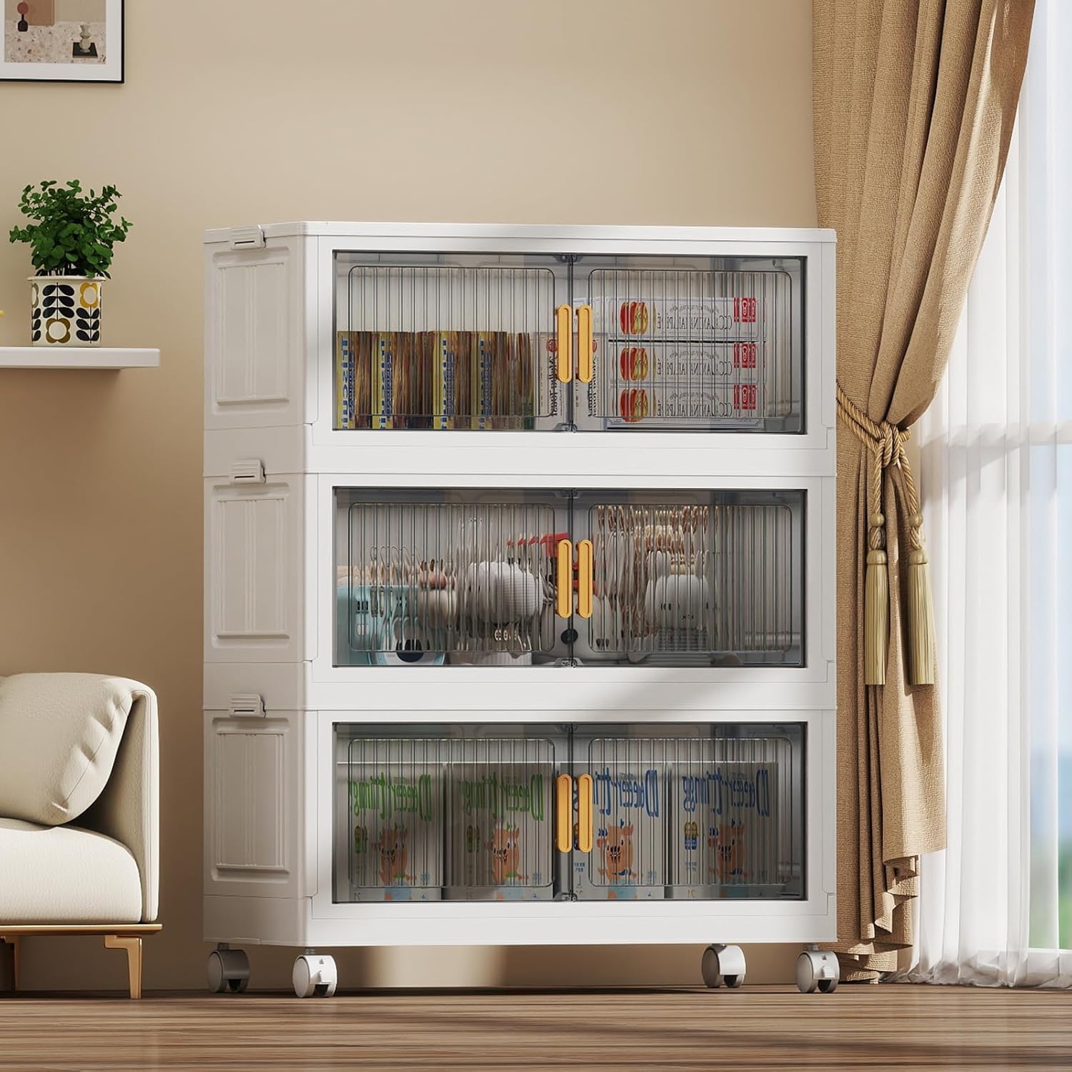 62 Gal Stackable Plastic Storage Bins with Lids 3 Tier, Collapsible Closet Organizers and Storage with Wheels for Living Room,Office,Dorm 26.8" W x 14.4" D x 37" H