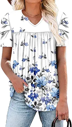 KISSMODA Tops for Womens Summer Cute Short Sleeve Shirts Trendy Notched Neck Blouses Casual Loose Pleated Tunics S-3Xl