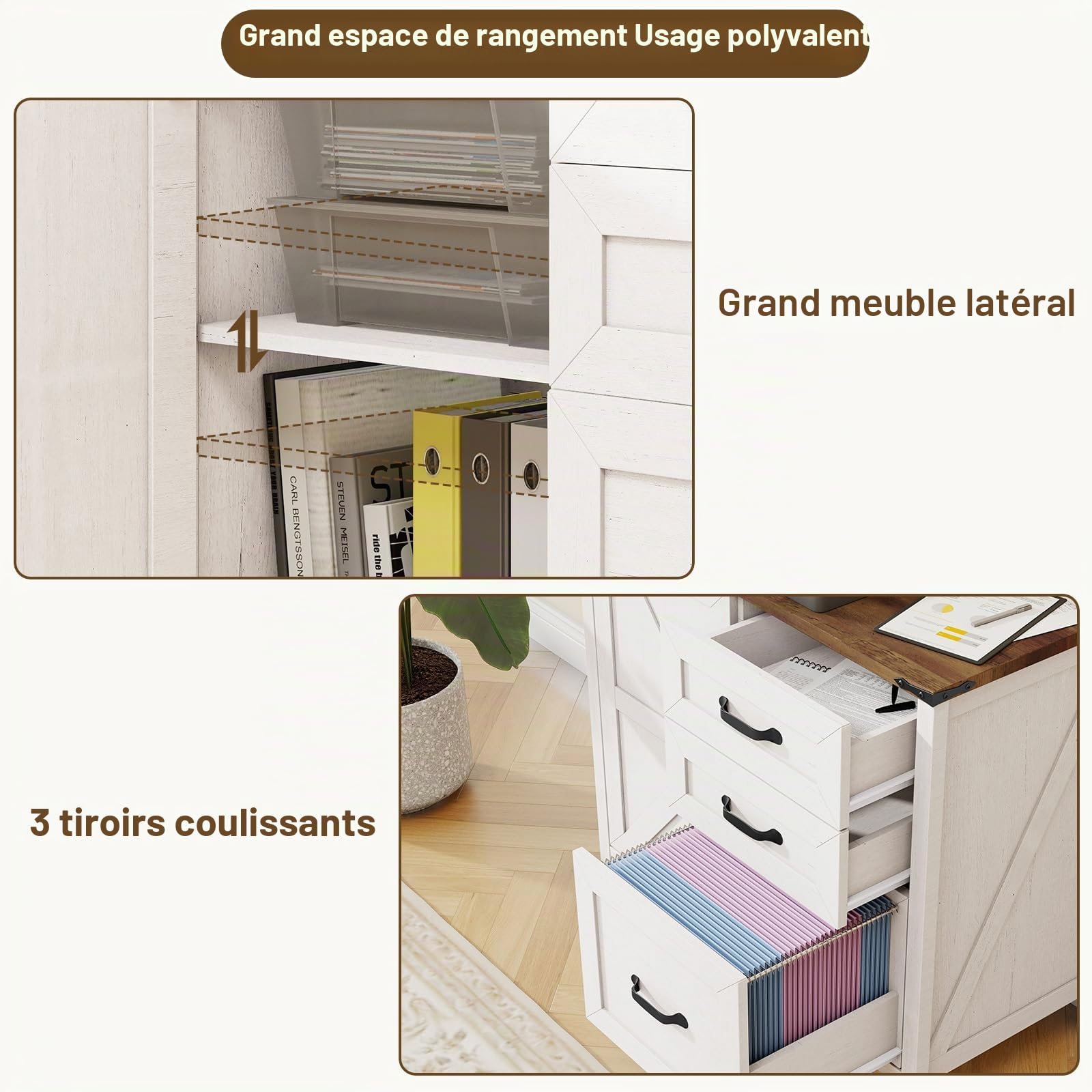 BonVache Meuble de Rangement Bureau 3 Tiroirs, Armoires à classeurs latéraux Style Campagnard, Meuble Imprimante avec Rangement, Blanc Rustique pour Dossiers Suspendus A4/Letter, 80 cm