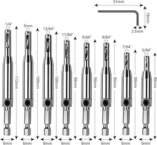Miniatura 2 de Juego de brocas de núcleo de bisagra autocentrante para carpintería, brocas ajustables para ventana de puerta con 1 llave hexagonal y 8 brocas de