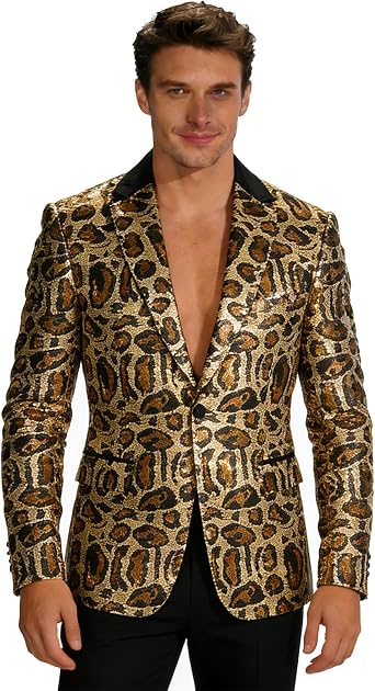 Mens Leopard Print Sequin Blazer Sparkly Glitter Tuxedo Shiny One Button Suit Jacket Sport Coats for Party Prom Club