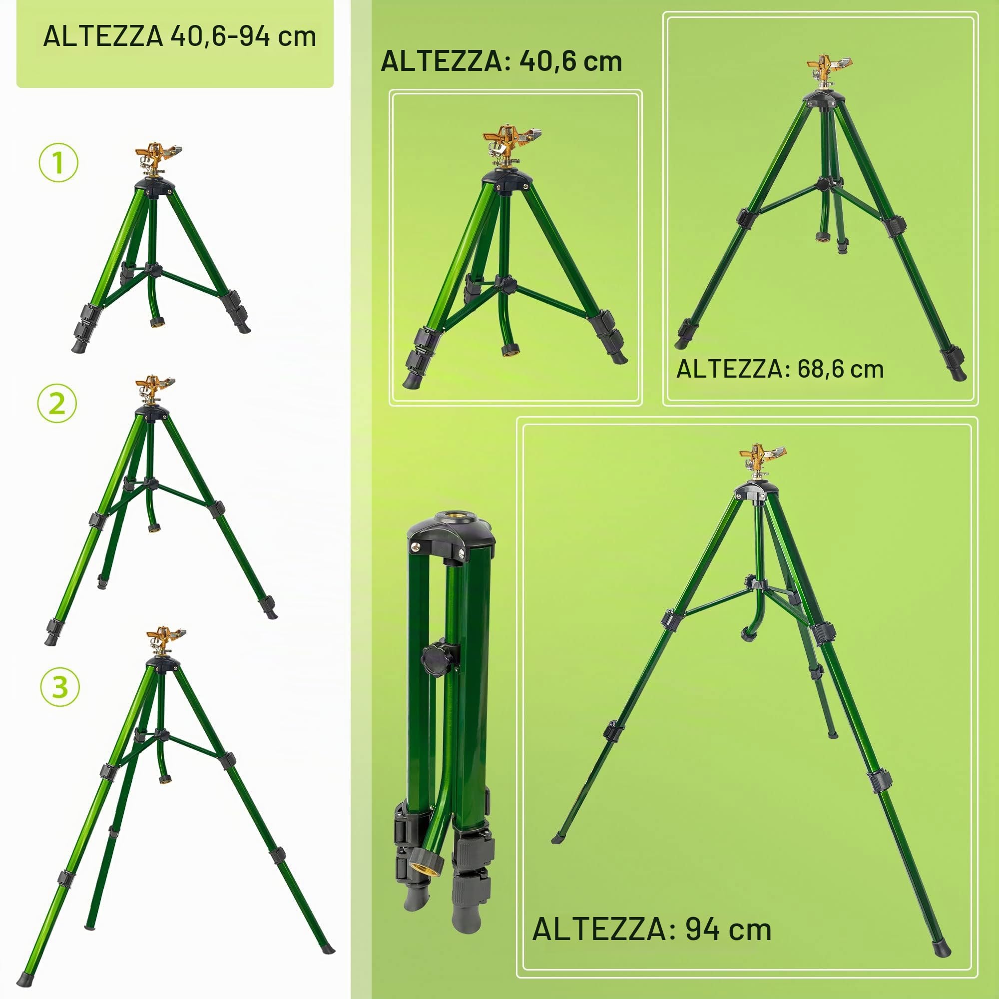 Hourleey Irrigatore a impatto su base a treppiede, irrigatori in ottone resistente per cortile, prato, giardino, copertura di grandi aree da 0 a 360 gradi, connettori da 3/4 di pollice con chiusura a
