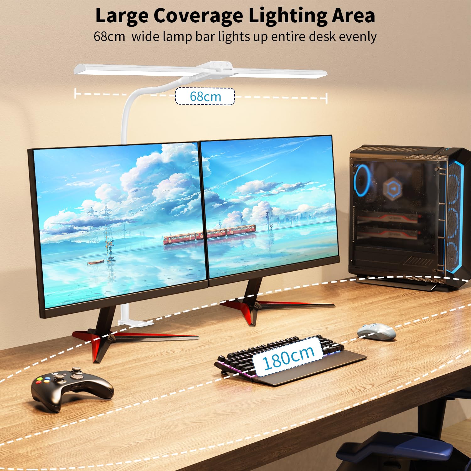 KableRika Lámpara de escritorio de doble cabeza LED regulable, lámpara de escritorio brillante con pinza para oficina en casa, lámpara de cuello de cisne para proteger los ojos con 4 modos de color y