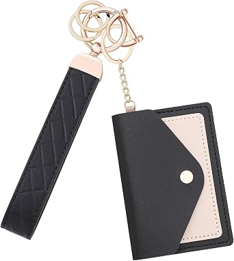 Leather Wristlet Keychain for Women, Cute Keychain Wristlet Car Key Chain with 2 Key Ring, Anti-Lost D Ring and Mini Wallet