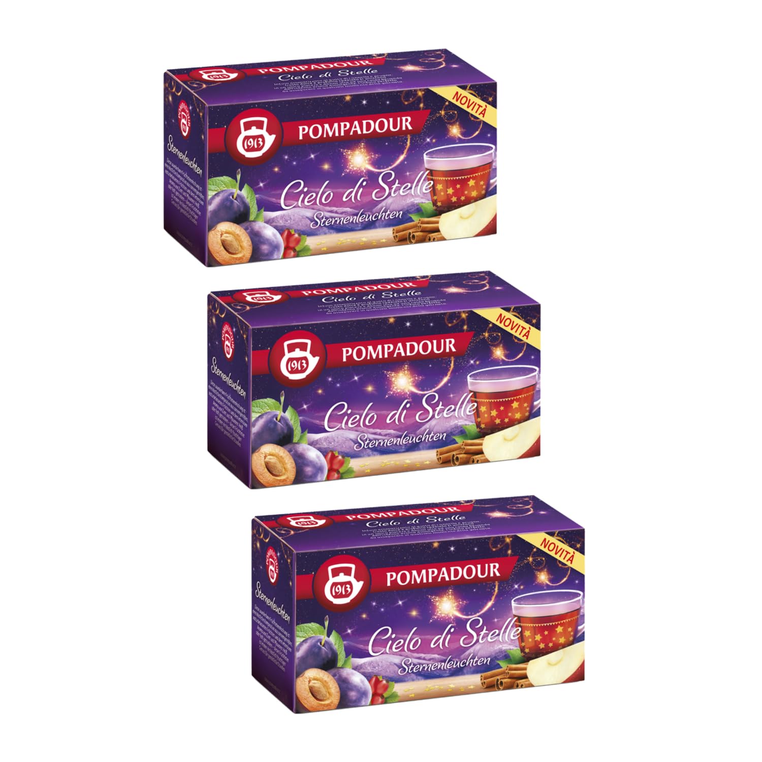 Pompadour® | Mezcla de frutas de canela y ciruela | Infusión de Manzana, Canela, Ciruela y Clavo - 3 x 20 Filtros (150 Gr) | Té de hierbas cielo estrellado